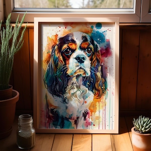 Colorful Watercolor Cavalier King Charles Spaniel Dog Portrait Poster or Canvas Print, Colorful Pet Portrait, Dog Lover Gift, Animal Print