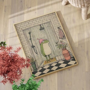 Funny Frog in Shower Wall Art Poster or Canvas Print, Cartoon Bathroom Animal Poster, Vintage Whimsical Frog in Bath Decor, Frog Lover Gift