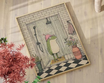 Funny Frog in Shower Wall Art Poster or Canvas Print, Cartoon Bathroom Animal Poster, Vintage Whimsical Frog in Bath Decor, Frog Lover Gift