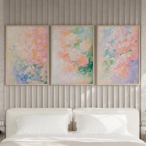 Abstract Pastel Floral Painting Set of 3 Wall Art Poster or Canvas Print, Dreamy Spring Flowers Print, Colorful Abstract Flowers Wall Decor