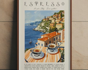 Italian Espresso Art Print Canvas or Poster Print, Retro Coffee Poster, Overlooking Italian Houses and Mediterranean Sea, Vintage Coffee