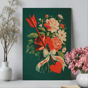 Retro Be My Valentine Heart Print Poster or Canvas, Floral Green Wall Art, Romantic Bouquet of Flowers Poster, Anniversary or Valentine Gift
