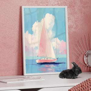 Pink Sailboat Painting Poster or Canvas Print, Pastel Nautical Boat Print, Minimalist Coastal Decor, Calm Ocean Girly Beach Summer Wall Art