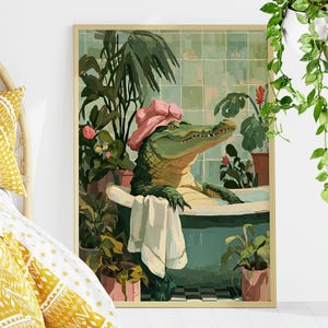 Alligator in the Bathtub Wall Art Poster or Canvas Print, Funny Bathroom Print, Botanical Bathroom Art, Maximalist Funny Animal Art Decor