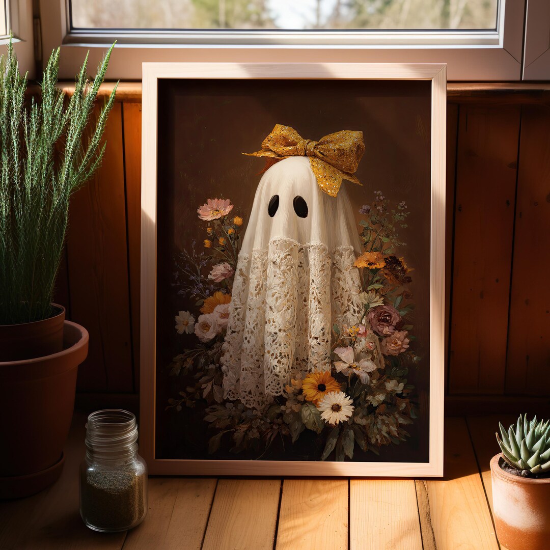 Vintage Floral Cute Ghost Art Print Poster or Canvas, Ghost With Lace ...