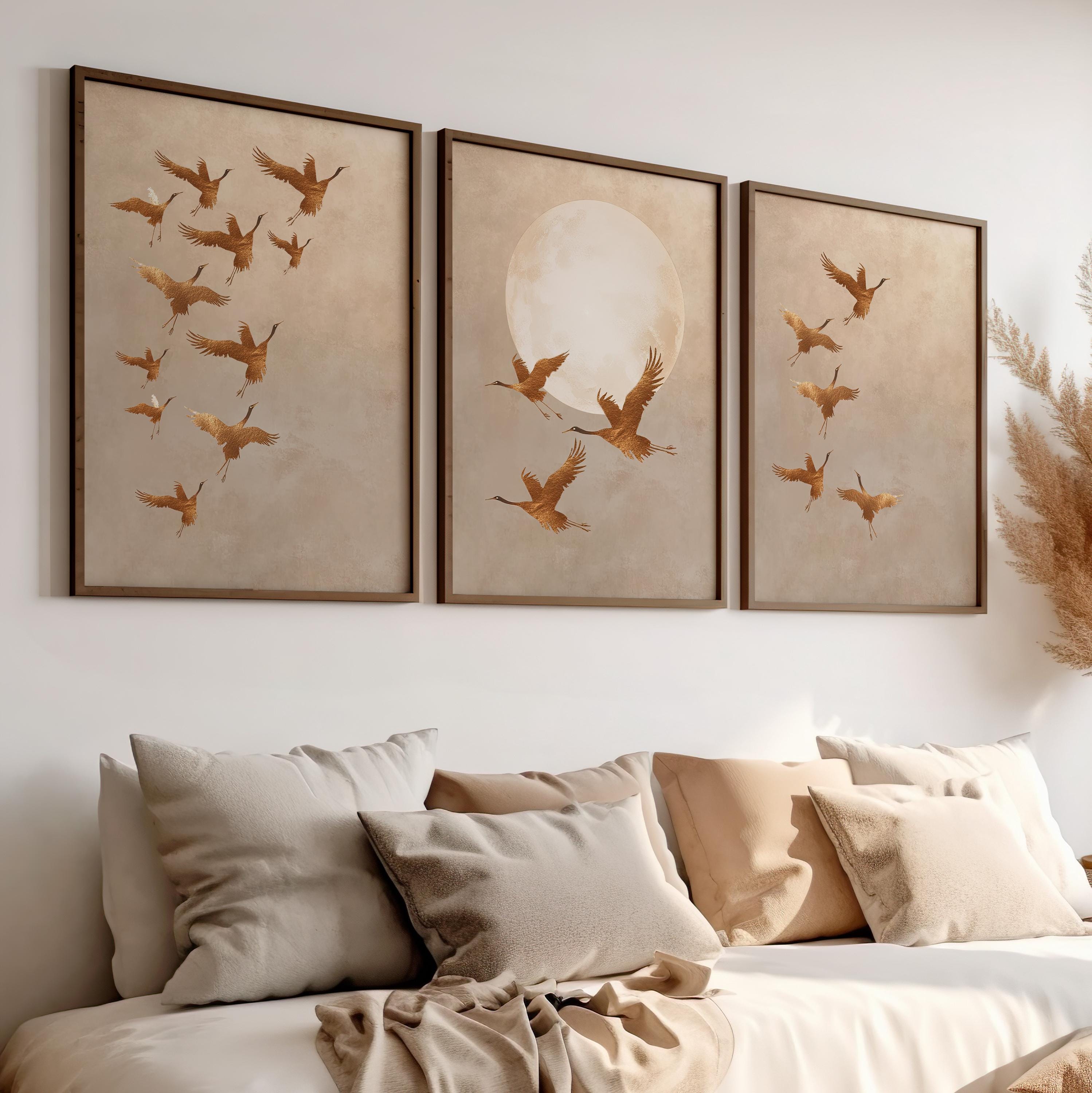 Golden Cranes Japanese Set of 3 Wall Art Poster or Canvas Print, Beige ...
