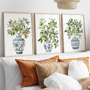 Orange Mandarin in Chinoiseries Jar 3 Piece Set Art Print or Canvas, Citrus Tree Green Lime Lemon Botanical Wall Art Poster Asian Decor