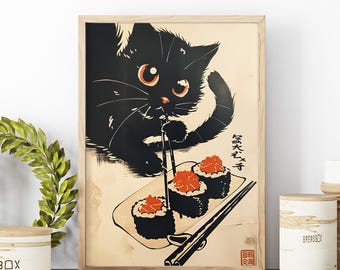Kawaii Black Cat Sushi Tokyo Art Print Poster or Canvas, Oishii Cat Print, Whimsical Black Cat Japanese Food Art Vintage Kitchen Wall Decor
