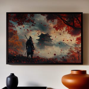 Samurai in Autumn Japan Wall Art Poster or Canvas Print, Japanese Castle Vibrant Red Leaves Art, Ancient Japan Warrior Art Fall Season Decor