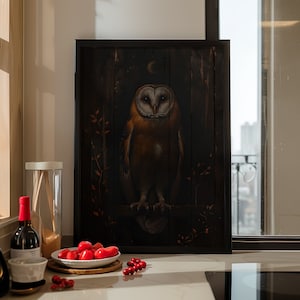 Barn Owl Dark Rustic Oil Painting Poster or Canvas Print, Vintage Realistic Gothic Woodland Bird Portrait, Dark Academia Owl Oil Painting