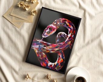 Mosaic Snake Colorful Dark Art Print Canvas or Poster, Serpent Wild Animal Art Black Print, Python Multicolor Geometric Snake Print