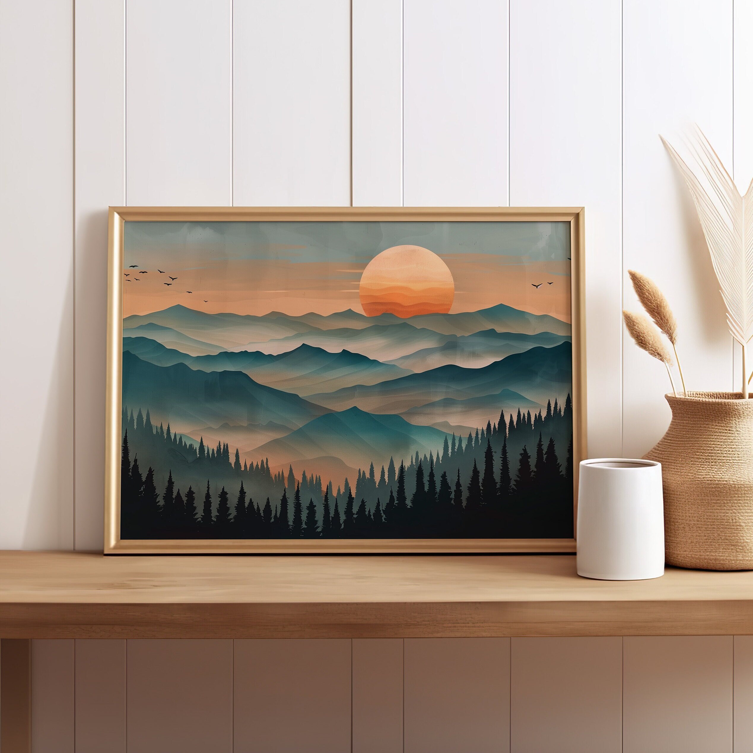 Abstract Mountain Nature Landscape Art Print, Sunset Boho Wall Art ...