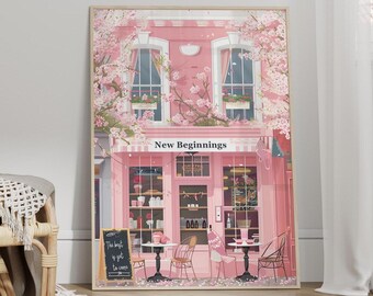 New Beginnings Cafe Pink Floral Wall Art Poster or Canvas Print, Cherry Blossoms Pink Botanical, Coffee Poster, Japanese Pink Cafe Girly Art