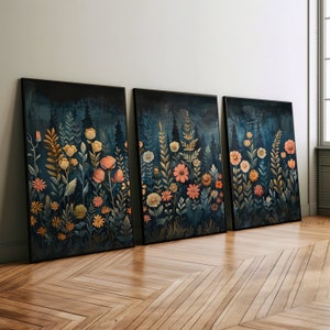 Wildblumenfeld Whimsigoth 3er Set Wandkunst Poster oder Leinwand Druck, Dunkler Blumen Kunstdruck Moodie Art Dark Cottagecore, Botanischer Kunstdruck