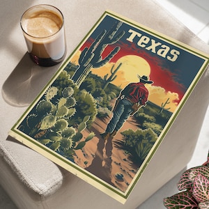 Cowboy Vintage Travel Print with Cactus in the Desert Texas Art Print or Canvas, Rustic Wild West Cacti Botanical Nature Wall Art Poster