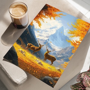 Two Deer in Autumn Valley with Snowy Mountains Realistic Oil Painting Poster or Canvas Print, Wildlife Nature Art, Cottagecore Fall Decor