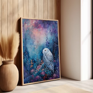 Blue Purple Owl Night Print Or Canvas, Fantasy Poster Nature Enchanted Night Painting, Mystical Art Home Decor Maximalist Nursery Wall Art