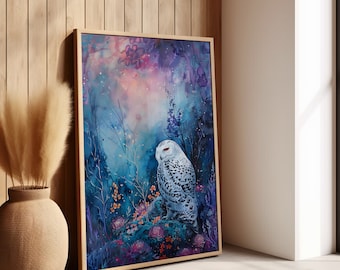 Blue Purple Owl Night Print Or Canvas, Fantasy Poster Nature Enchanted Night Painting, Mystical Art Home Decor Maximalist Nursery Wall Art