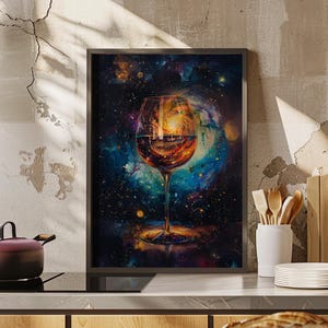 水彩画のギャラクシーワイングラス天体壁アートポスターまたはキャンバスプリント、宇宙アートプリント、ワイングラスのギャラクシー、カクテルグラスのギャラクシーアート