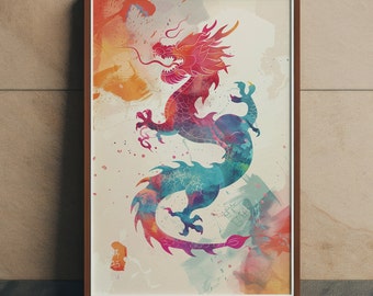 2024 Lunar Year of The Dragon Print or Canvas, Dragon Zodiac Wall Art, Chinese New Year Art Print, Colorful Dragon Decor Dragon's Festivity