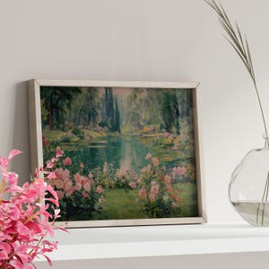 Vintage Rose Garden Pond Wall Art Poster or Canvas Print, Impressionist Floral Painting, Pink Roses Romantic Landscape Cottagecore Decor
