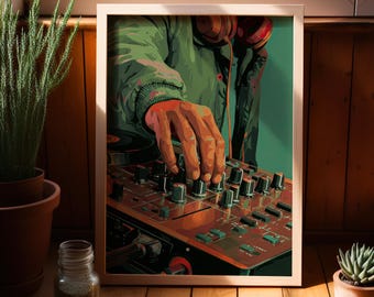 DJ Mixer Hand Black Man Vector Art Poster or Canvas Print, Warm Copper Charcoal Teal Music Lovers Wall Art Gift, Modern Sound Studio Decor