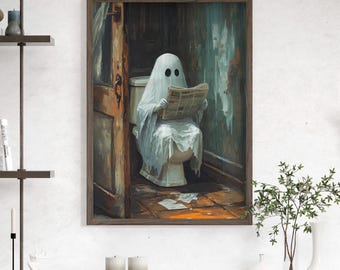 Funny Ghost on a Toilet Reading Vintage Art Print Poster or Canvas, Ghost Funny Bathroom Sign, Funny Halloween Ghost Print, Whimsigoth Print