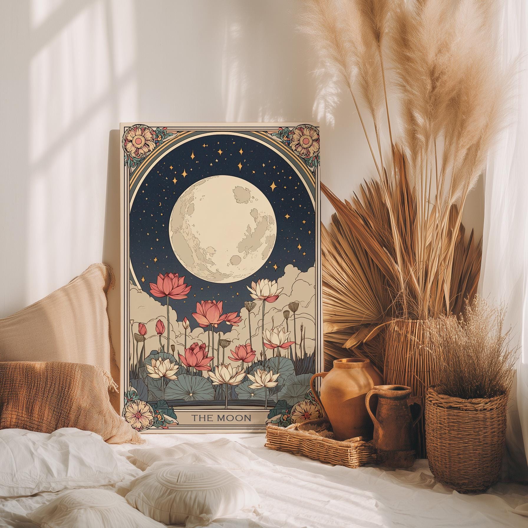 The Moon Tarot Card Wall Art Poster or Canvas Print, Celestial Lotus ...