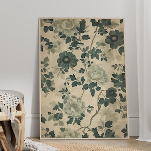 Vintage Green Floral Pattern Wall Art Poster or Canvas Print, Antique Botanical Print, Cottagecore Decor, Muted Flowers Art Country Decor