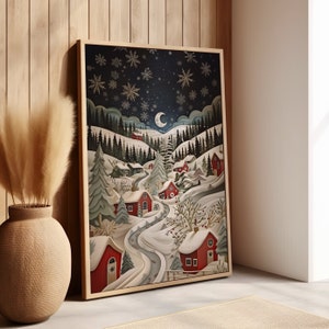 White Snowy Christmas Winter Landscape Painting Poster Print or Canvas, Christmas Holiday Bright Starry Night Wall Art, Christmas Folk Art