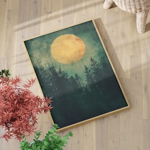 Glowing Sun over Mystical Dark Forest Painting Poster or Canvas Print, Dark Academia Art, Minimalist Dak Cottagecore, Moon over Forest Art