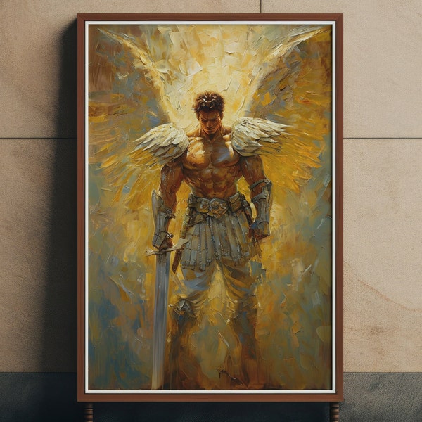 Archangel Michael's Valor With Sword And Angelic Armor Wall Art Canvas, Vintage Oil Painting Warrior Angel Print, Guardian Angel Poster