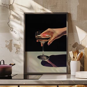 Champagne Glass with Lipstick Mark Hyperrealistic Oil Painting Poster or Canvas Print, Black White Cocktail Party Art, Elegant Bar Decor