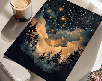 Whimsical Night Sky Watercolor Painting Poster or Canvas Print, Enchanting Golden Stars Wall Art, Magical Night Print, Kids Room Wall Decor