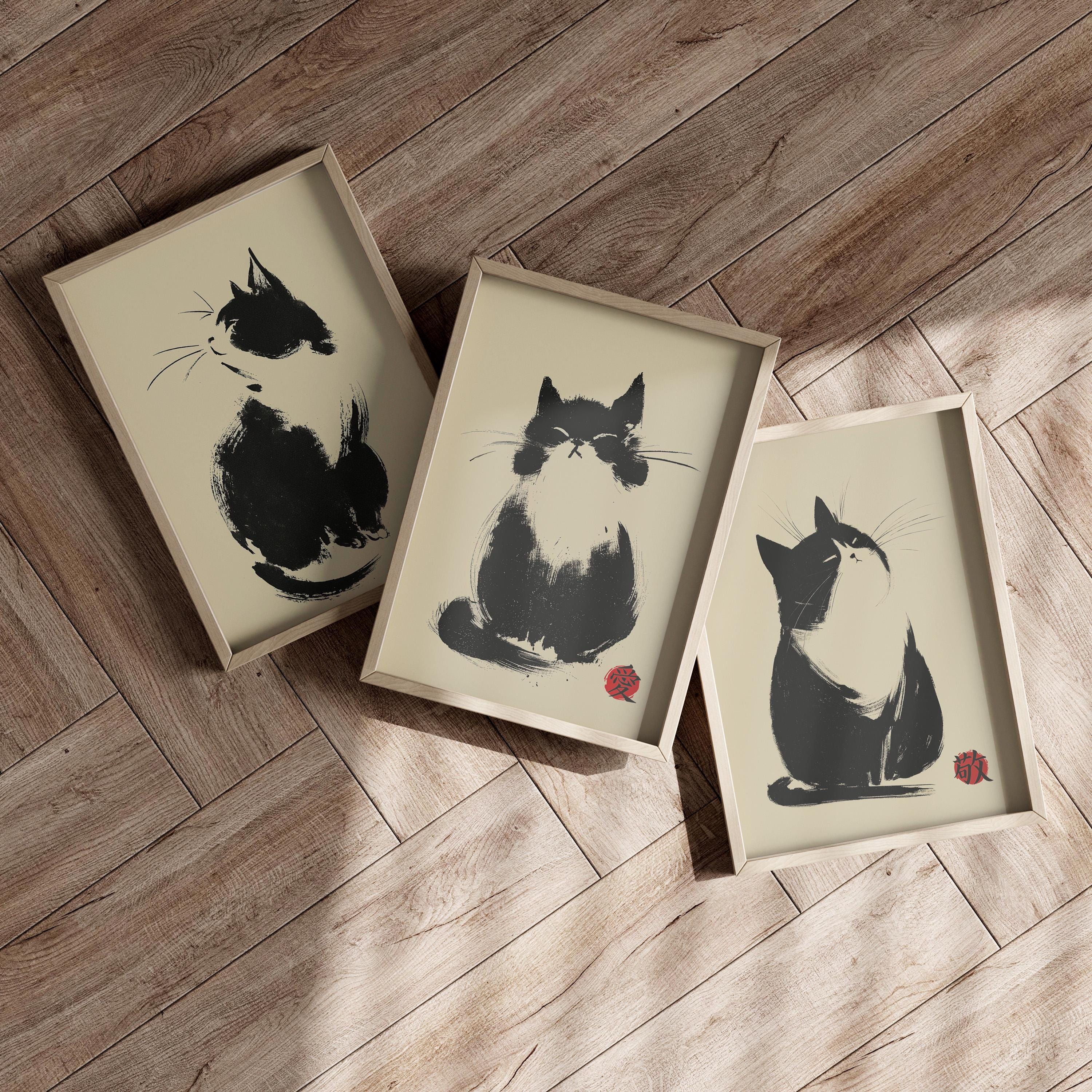 Japanese Cat Print Set of 3 Wall Art Poster or Canvas Print, Japanese ...