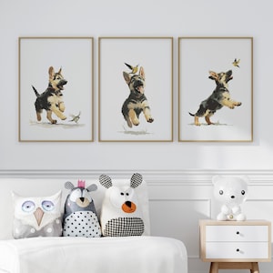 German Shepherd Puppy Watercolor Wall Art Set of 3 Poster or Canvas Print, Kids Room Decor, Playful Nursery Animal Print, Dog Lover Gift