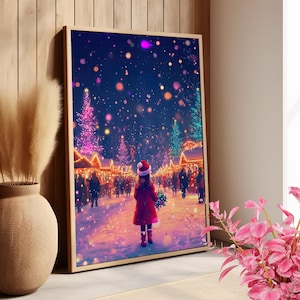 Little Santa Girl in Christmas Night Market Whimsical Wall Art Poster or Canvas Print, Christmas Market Fairycore Style Art Holiday Decor