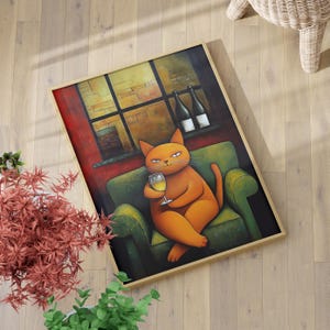 Funny Orange Cat Sitting on the Green Sofa Vintage Wall Art Poster or Canvas Print, Funny Bar Cart Print Kitchen Decor, Champagne Cat Print