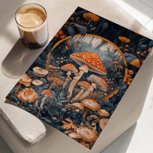 Enchanted Mushroom Circle William Morris Inspired Oil Painting Poster or Canvas Print, Dark Cottagecore Decor, Mushroom Surreal Art Print