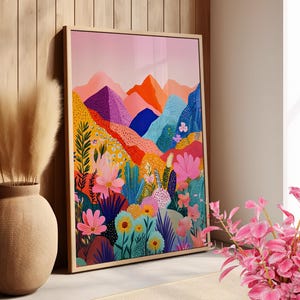 Colorful Mountains and Flowers Art Print Poster or Canvas, Whimsical Landscape Illustration, Botanical Art Colorful Abstract Nature Print