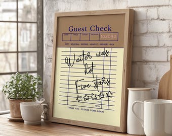 Waiter Was Cute Would Eat Here Again Guest Check Poster or Canvas Print, Funny Kitchen Decor, Trendy Retro Chef Poster Restaurant Wall Art