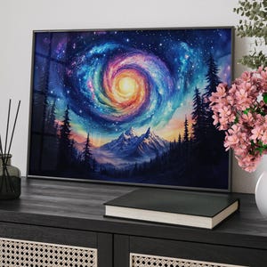 Swirling Galaxy Above Alpine Mountains Cosmic Wall Art Poster or Canvas Print, Colorful Starry Night Sky Print, Whimsical Nature Landscape