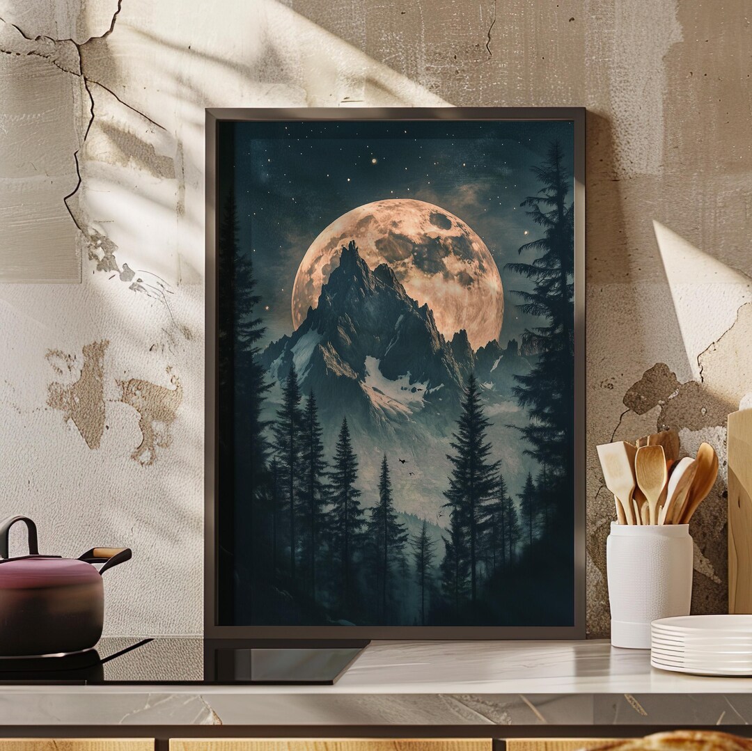 Mystical Moon Behind Mountains Moody Wall Art Poster or Canvas Print ...