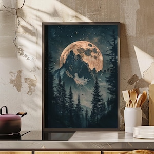 Mystical Moon Behind Mountains Moody Wall Art Poster or Canvas Print, Moonlit Forest Landscape Rustic Nature Art Print, Magical Night Art