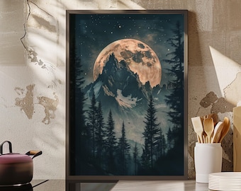 Mystical Moon Behind Mountains Moody Wall Art Poster or Canvas Print, Moonlit Forest Landscape Rustic Nature Art Print, Magical Night Art