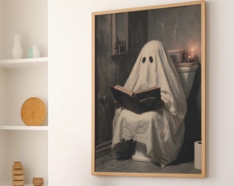 Ghost on Toilet Vintage Wall Art Poster or Canvas Print, Whimsigoth Bathroom Halloween Print, Ghost Reading Book Spooky Season Toilet Decor