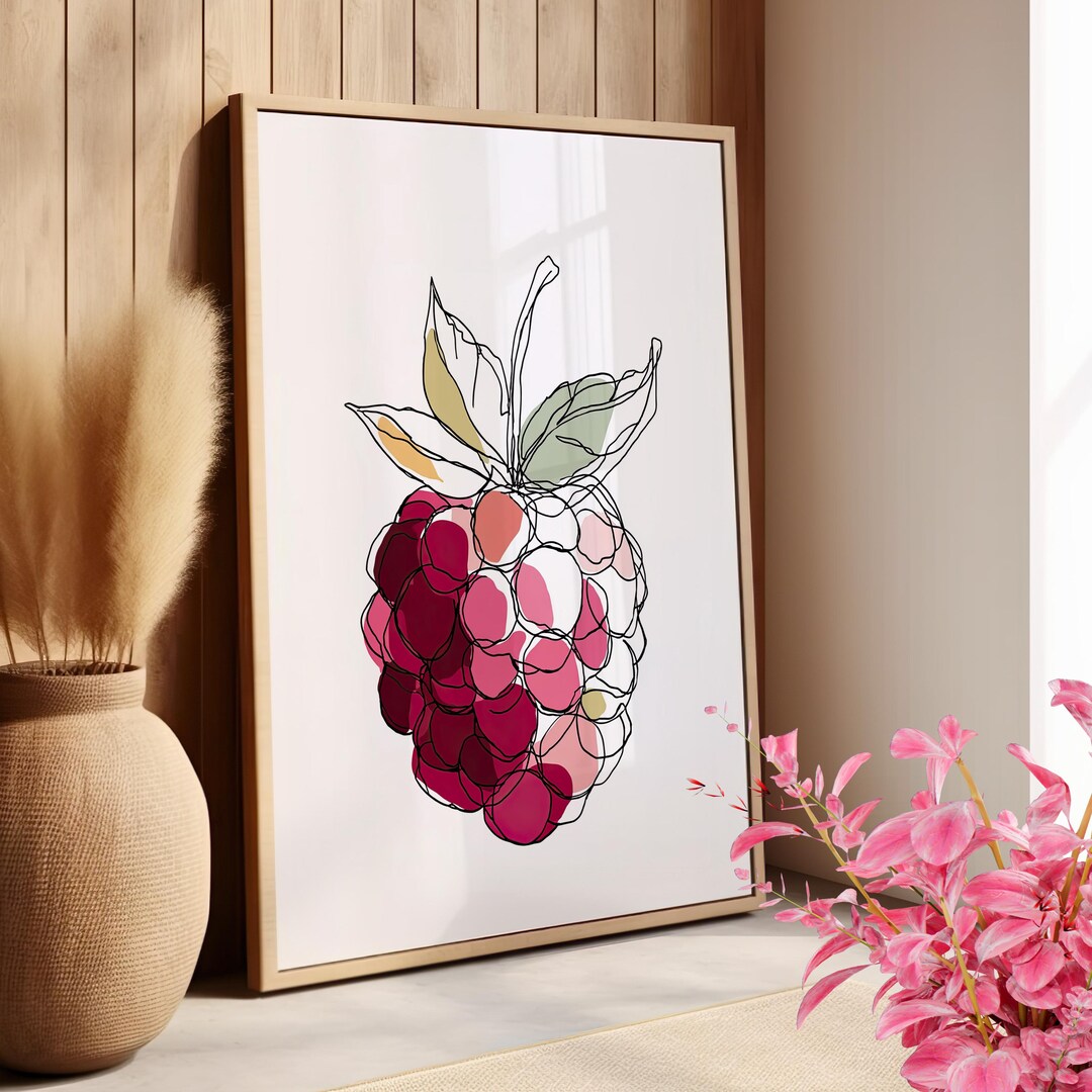 Raspberry Line Art Minimalist Poster or Canvas Print, Modern Fruit Art ...
