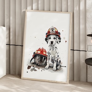 Fire Man Dalmation Puppy Water Color Nursery Wall Art Set of 3 or Canvas, Cute Baby & Kids Room Decor, Occupational Play and Room Poster