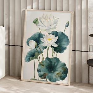 Lotus Flowers Portrait Poster or Canvas Print, Botanical Flora Leaves Poster, Minimalist Floral Home Decor, Modern Farmhouse Flower