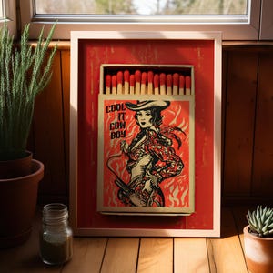 Cool It Cowboy Print Red Matchbox Wall Art Poster or Canvas Print, Trendy Matchbook Art, Coastal Cowgirl Print, Girly Coquette Western Decor